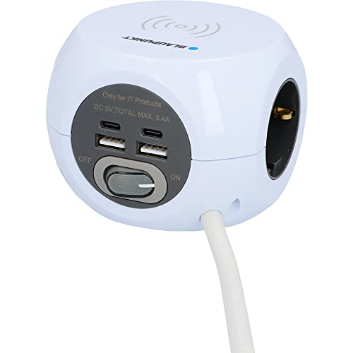 BLAUPUNKT Steckdosenwürfel, Mehrfachsteckdose, 3-Fach Schukosteckdose, 2-Fach USB-A + 2-Fach USB-C, mit EIN-/Ausschalter, Weiß, 1,4 Meter