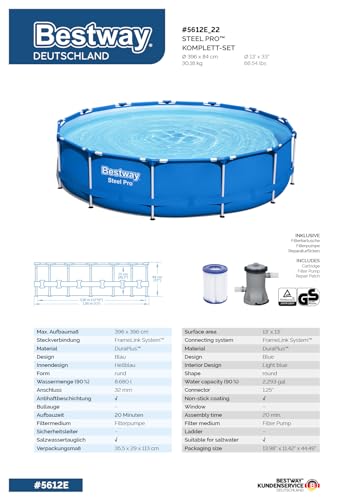 Bestway Steel Pro Frame Pool-Set mit Filterpumpe Ø 396 x 84 cm, blau, rund