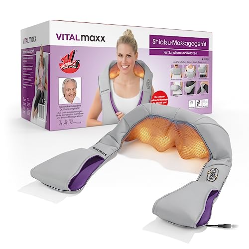 VITALmaxx Shiatsu Schulter- und Nacken-Massagegerät | 3 in 1 Therapie: Knetmassage, Vibrationsmassage und Wärme-Therapie | 4 rotierende Massagebälle, Empfohlen von Dr. Plum