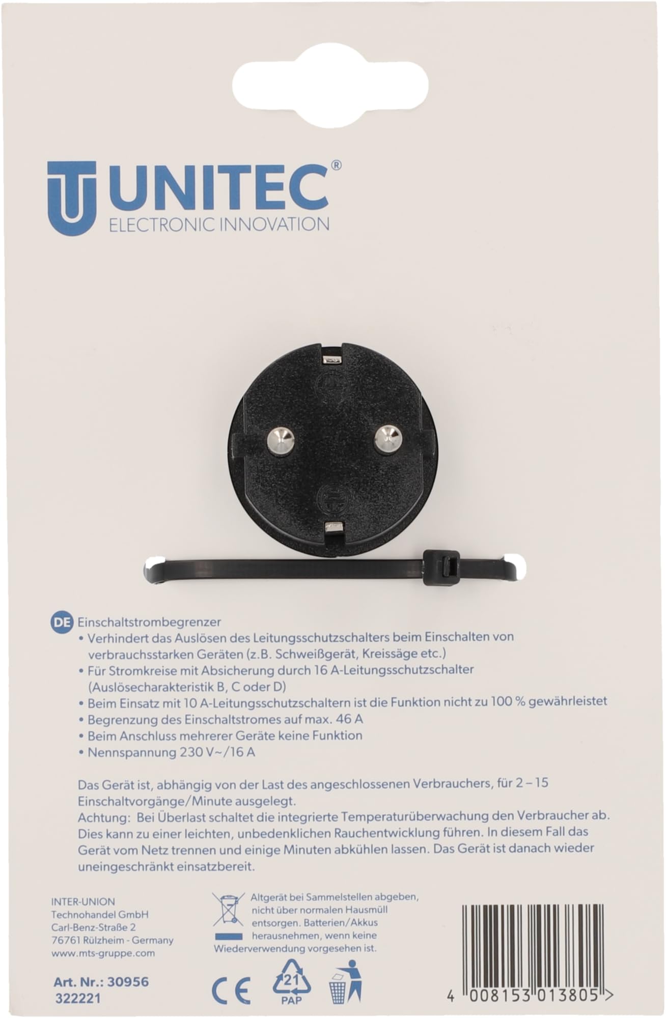UNITEC Anlaufstrombegrenzer und Einschaltstrombegrenzer (230V ~/ 16A, Zwischenstecker, Strombegrenzer, Überspannungsschutz)