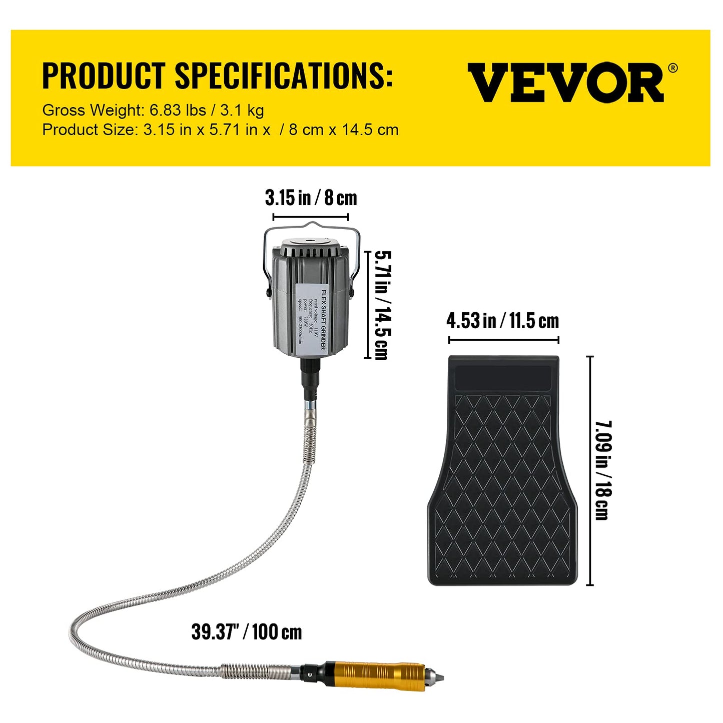 VEVOR Elektrische Drehwerkzeug Flex Shaft Wellen Aufhängung 780 W Schnellschleif Gerät biegsamer Welle, Hängemühle Wellenlänge 100cm, Fußpedal-Steuerung 500-23000U/min, Dreibackenfutt, 45 Stk. Zubehör