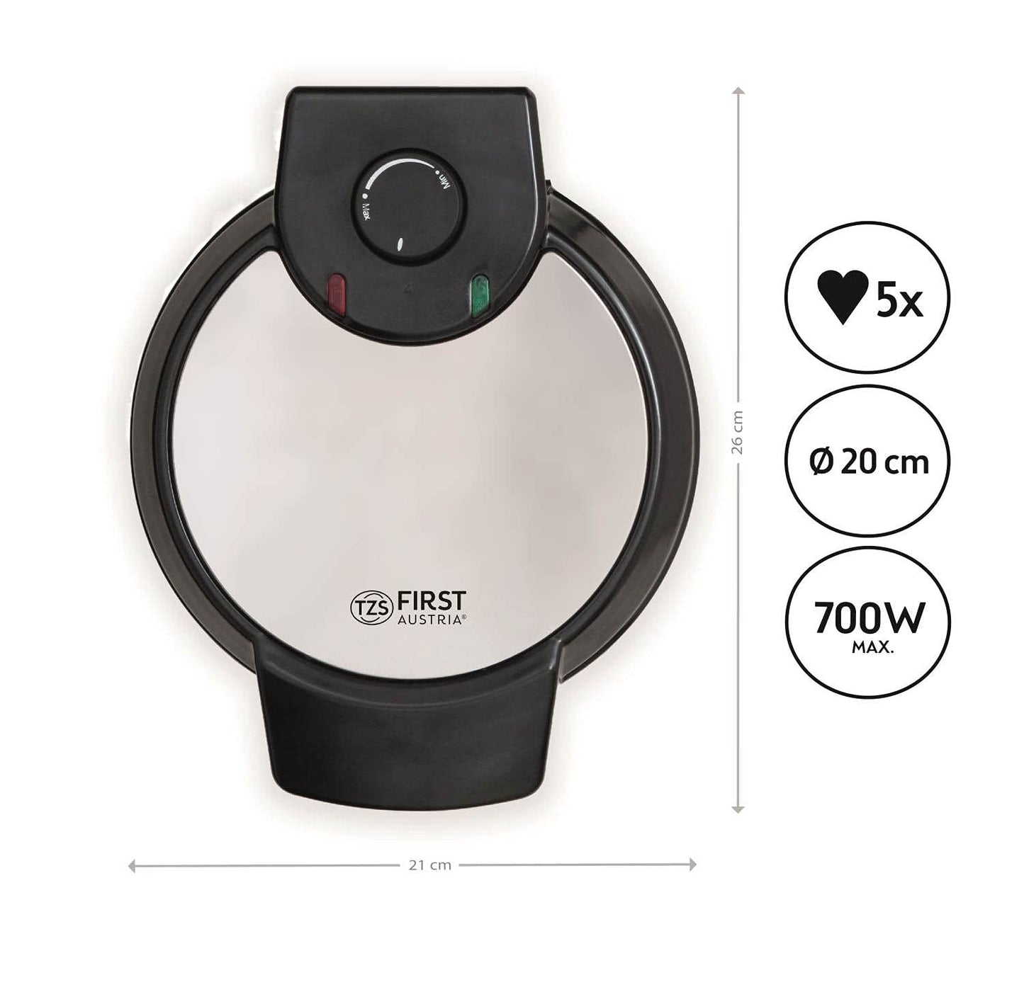TZS First Austria Waffeleisen 700 W, Herzwaffeleisen, waffle maker, Herzform, Antihaftbeschichtung, Überlaufschutz, Schwarz, Edelstahl