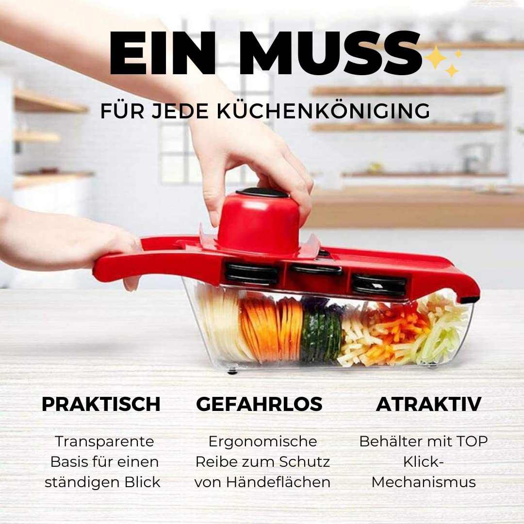Gemüsehobel + Fingerschutz und Auffangschale - Mandoline - verstellbarer Gemüseschneider - Multifunktion Gemüseschneider mit 6 Edelstahl Klingen