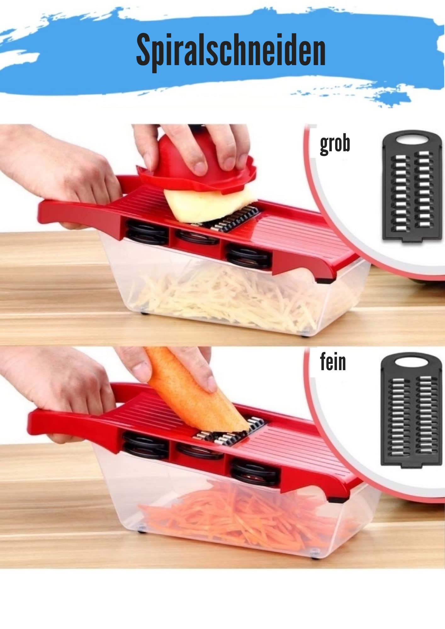 Gemüsehobel + Fingerschutz und Auffangschale - Mandoline - verstellbarer Gemüseschneider - Multifunktion Gemüseschneider mit 6 Edelstahl Klingen