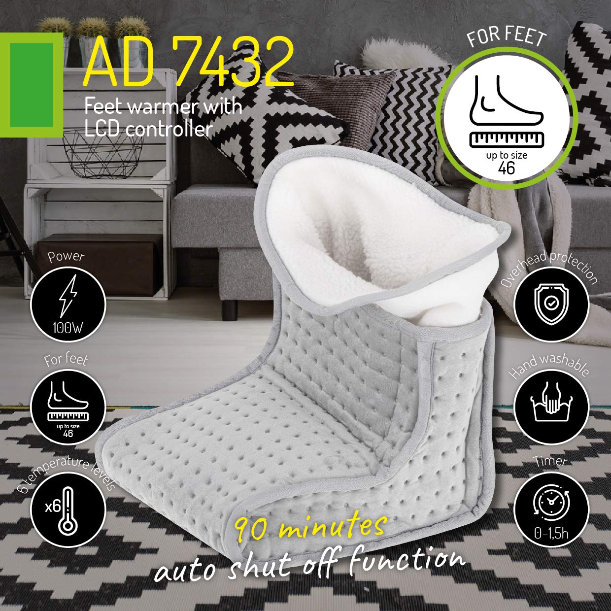 ADLER AD 7432 Cosy Fußwärmer, Elektrische Fußheizung, 6 Temperaturstufen, Abschaltautomatik, Waschbar, Bis zu Größe 46, Grau, 100W