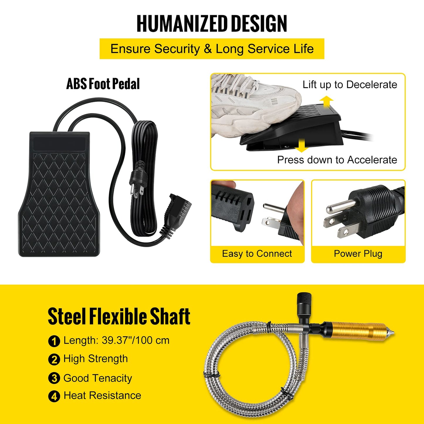 VEVOR Elektrische Drehwerkzeug Flex Shaft Wellen Aufhängung 780 W Schnellschleif Gerät biegsamer Welle, Hängemühle Wellenlänge 100cm, Fußpedal-Steuerung 500-23000U/min, Dreibackenfutt, 45 Stk. Zubehör
