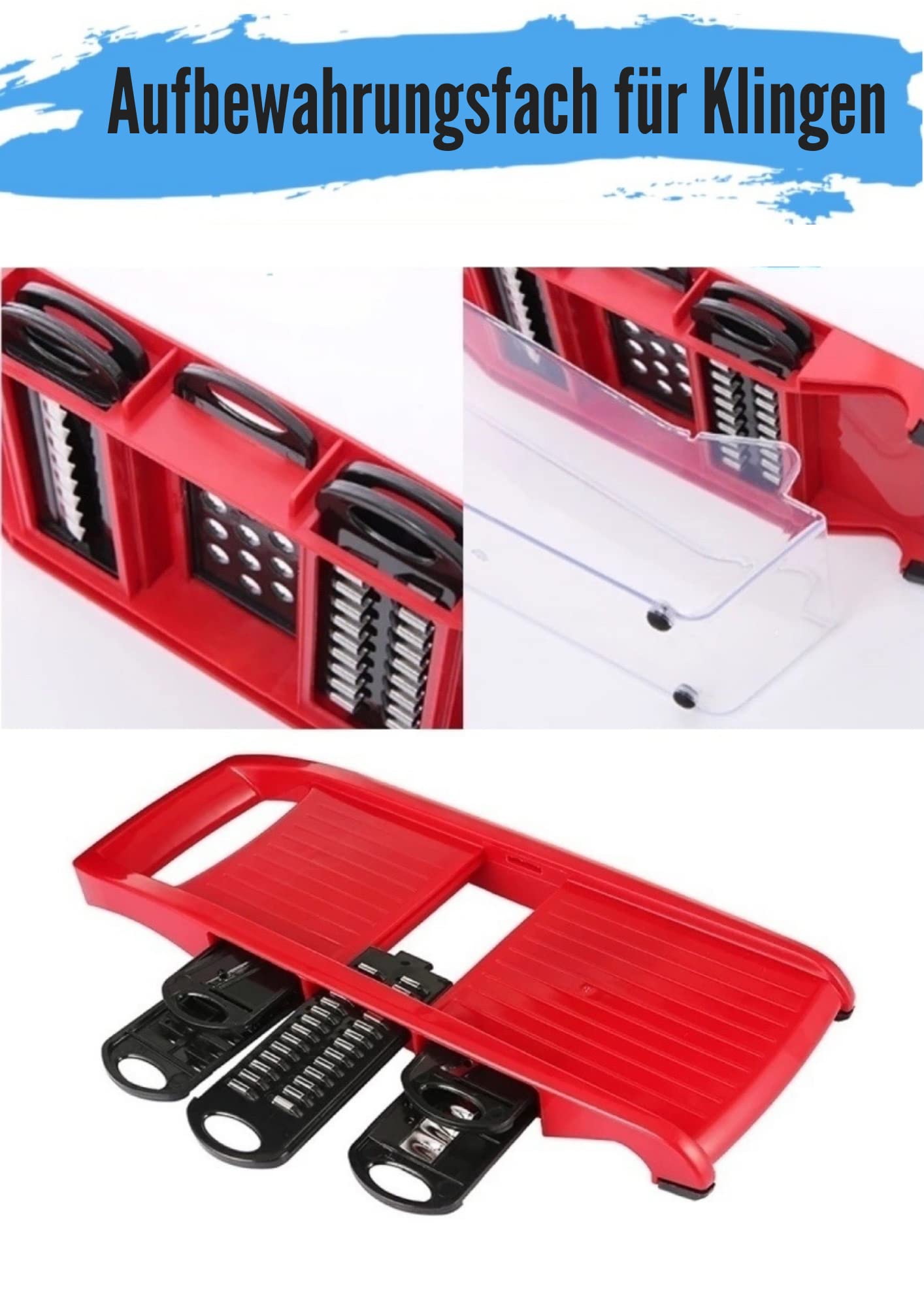 Gemüsehobel + Fingerschutz und Auffangschale - Mandoline - verstellbarer Gemüseschneider - Multifunktion Gemüseschneider mit 6 Edelstahl Klingen