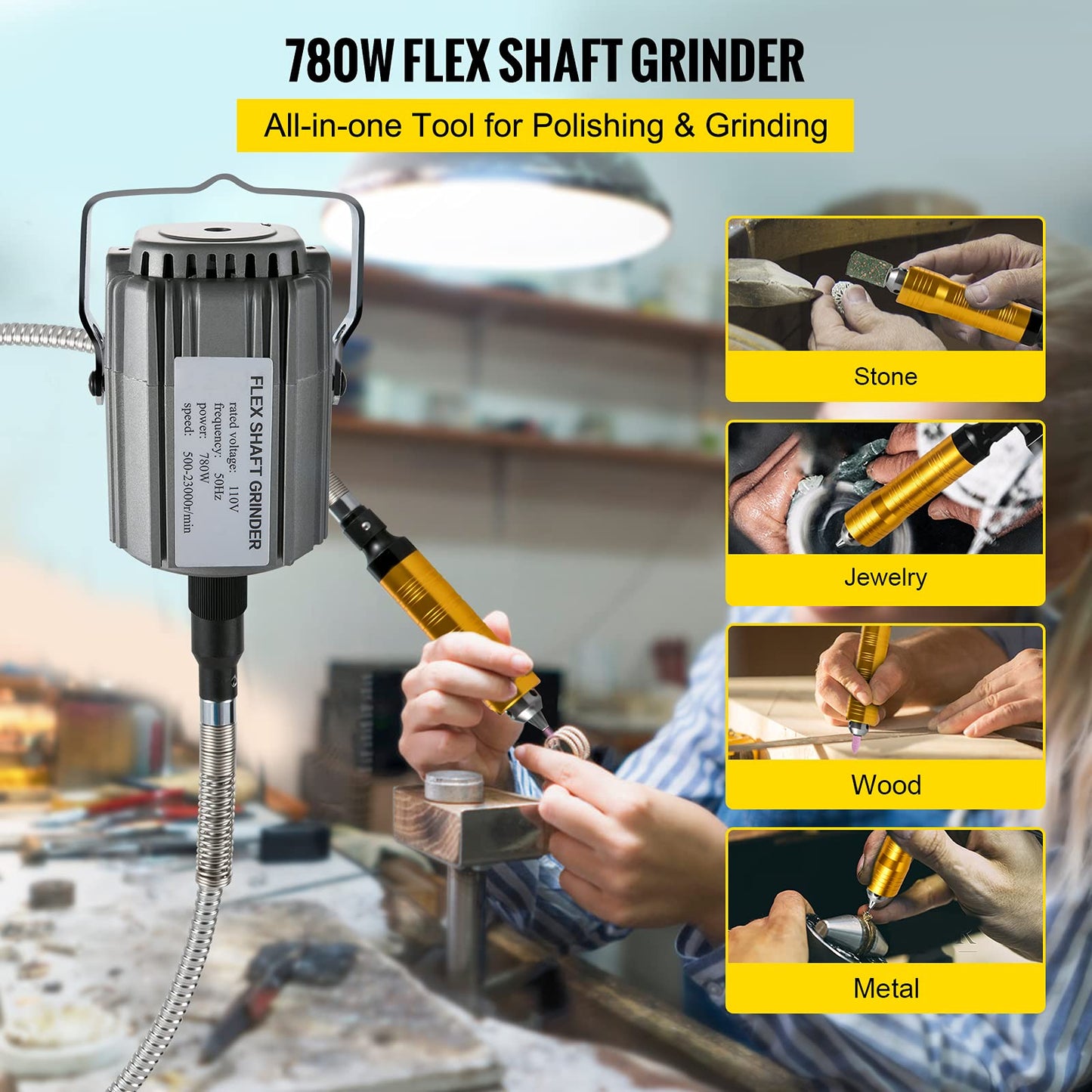 VEVOR Elektrische Drehwerkzeug Flex Shaft Wellen Aufhängung 780 W Schnellschleif Gerät biegsamer Welle, Hängemühle Wellenlänge 100cm, Fußpedal-Steuerung 500-23000U/min, Dreibackenfutt, 45 Stk. Zubehör