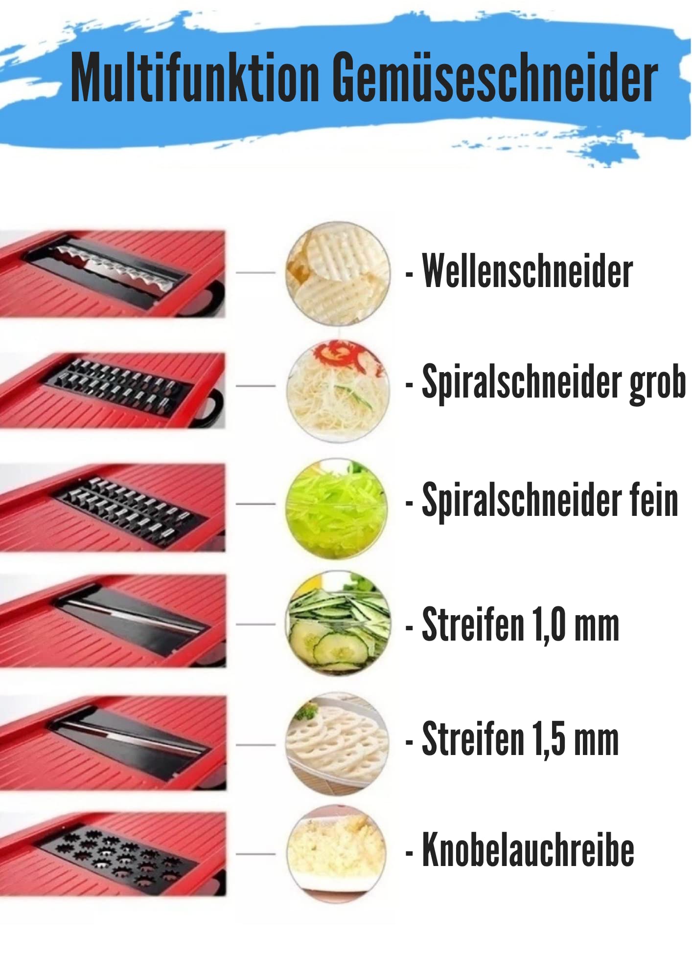 Gemüsehobel + Fingerschutz und Auffangschale - Mandoline - verstellbarer Gemüseschneider - Multifunktion Gemüseschneider mit 6 Edelstahl Klingen