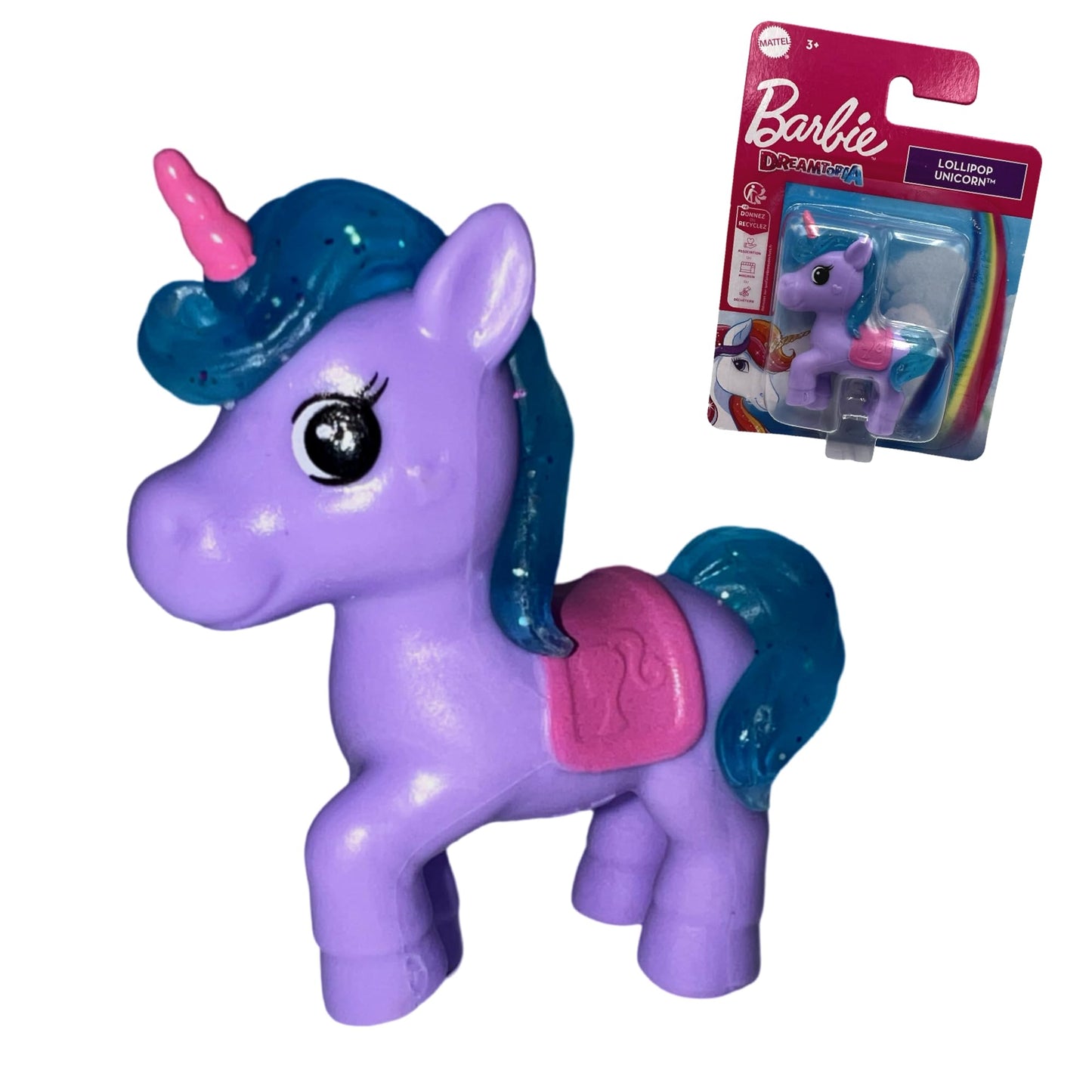 Barbie Mattel HFG34 Dreamtopia Lollipop Unicorn Glitzer Mähne Mini Einhorn Spielfigur für Kinder 5 cm Lila Klein