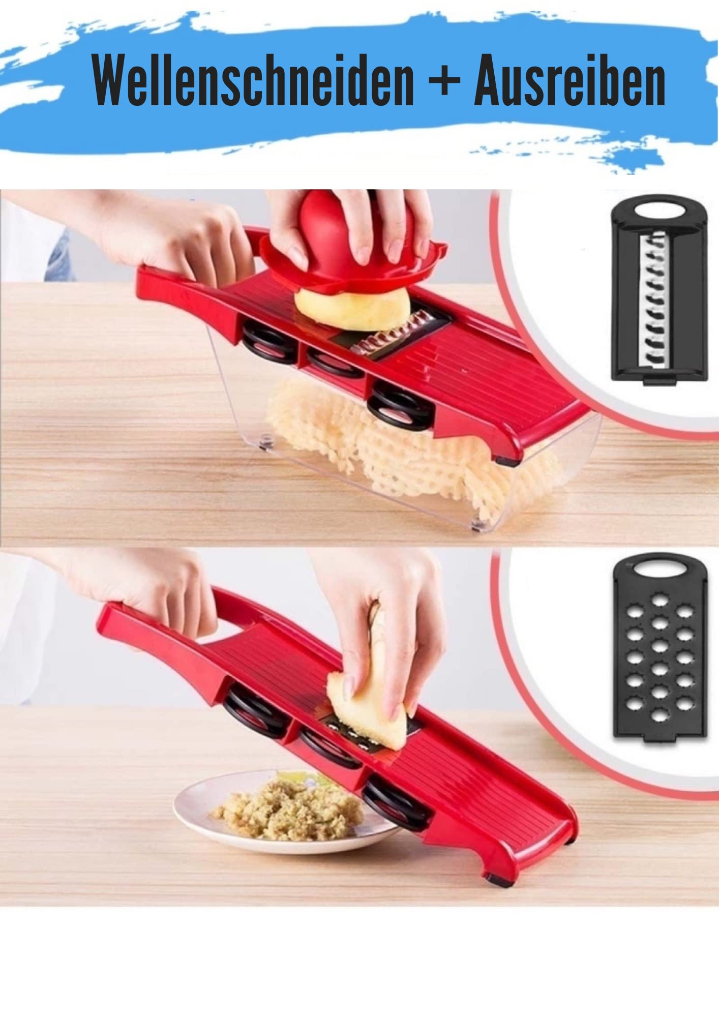 Gemüsehobel + Fingerschutz und Auffangschale - Mandoline - verstellbarer Gemüseschneider - Multifunktion Gemüseschneider mit 6 Edelstahl Klingen
