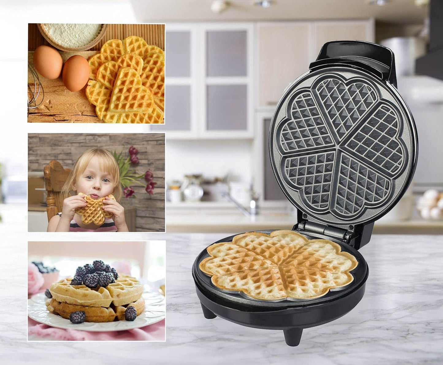 TZS First Austria Waffeleisen 700 W, Herzwaffeleisen, waffle maker, Herzform, Antihaftbeschichtung, Überlaufschutz, Schwarz, Edelstahl