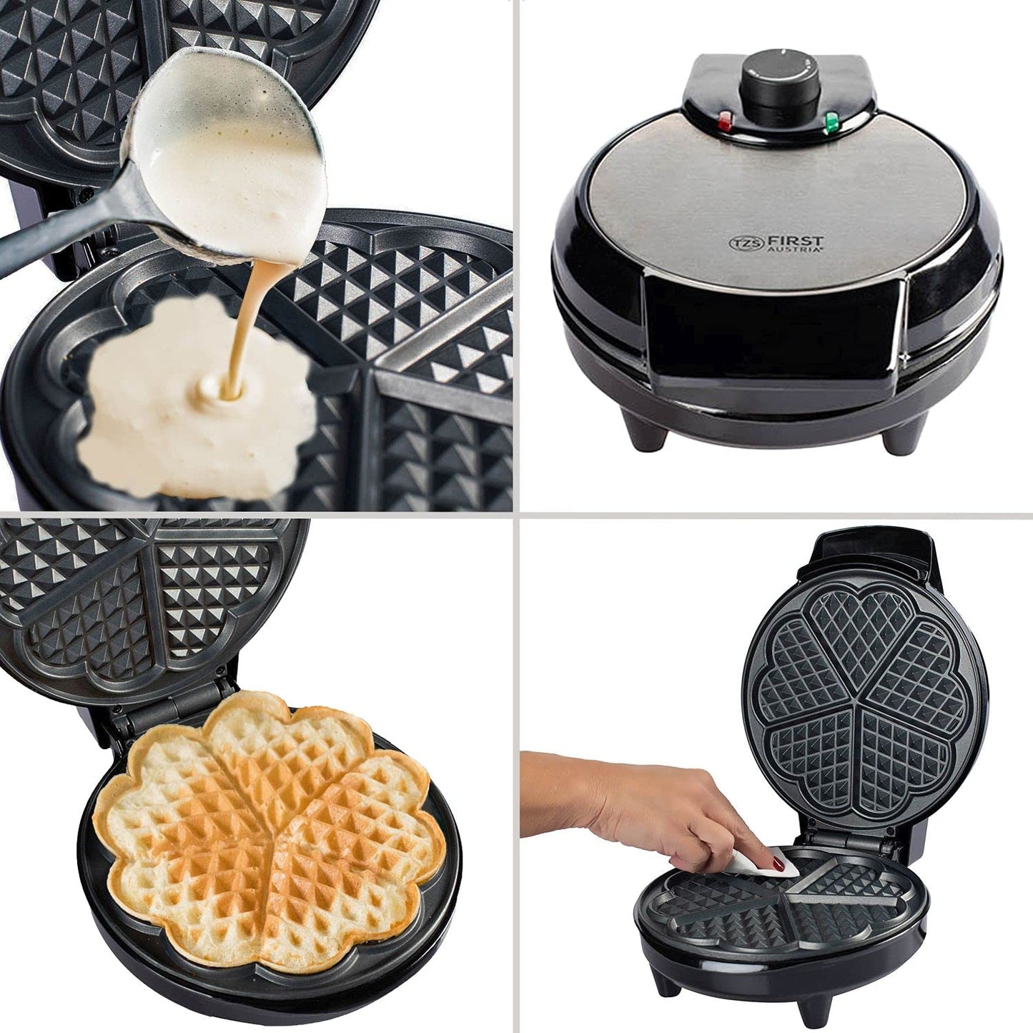 TZS First Austria Waffeleisen 700 W, Herzwaffeleisen, waffle maker, Herzform, Antihaftbeschichtung, Überlaufschutz, Schwarz, Edelstahl