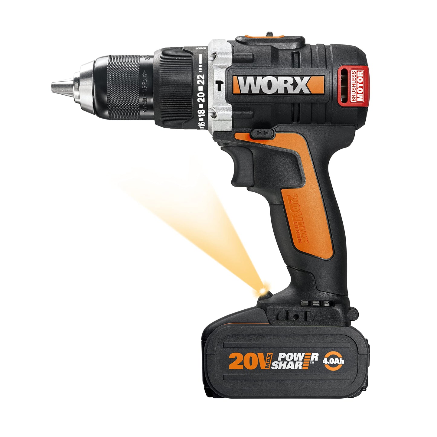 WORX WX373.3 Akku Schlagbohrschrauber Set - Bürstenloser Akkuschrauber 20V, 2 Li-Ion Akkus 4Ah, Koffer und Ladegerät - 60Nm, 2-Gang-Getriebe und LED-Licht - zum Schrauben, Bohren und Schlagbohren