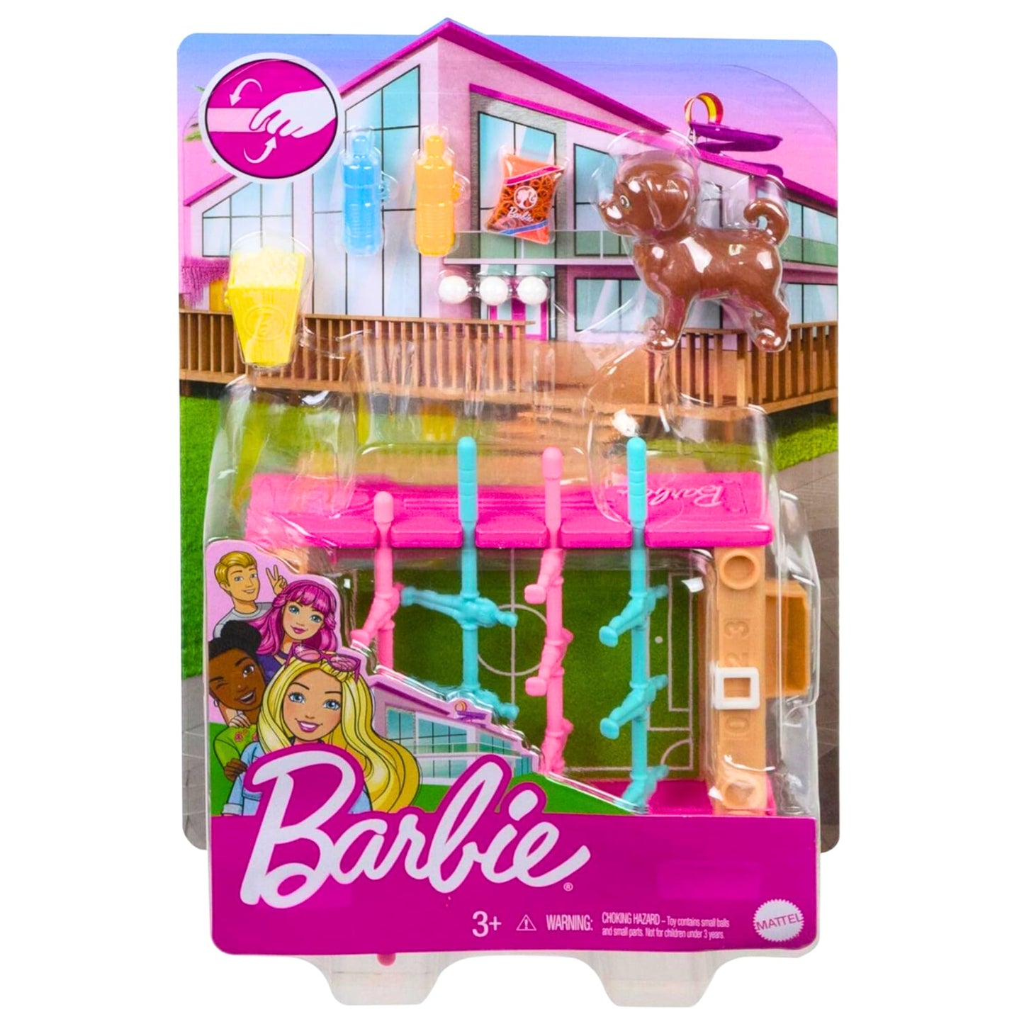 Barbie GRG77 - Mini-Spielset mit Haustier, Zubhörteilen und funktionierendem Tischfußball-Spiel, Thema Spielabend, Geschenk für Kinder von 3 bis 7 Jahren