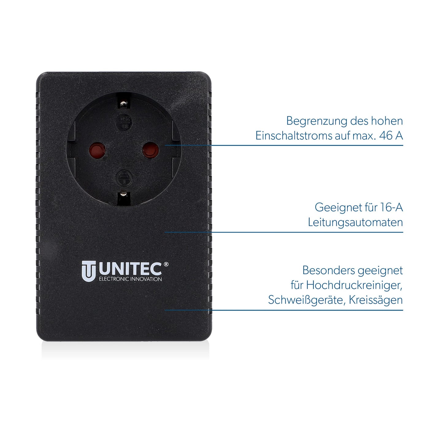 UNITEC Anlaufstrombegrenzer und Einschaltstrombegrenzer (230V ~/ 16A, Zwischenstecker, Strombegrenzer, Überspannungsschutz)