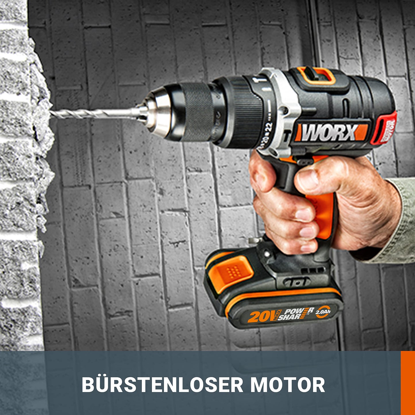 WORX WX373.3 Akku Schlagbohrschrauber Set - Bürstenloser Akkuschrauber 20V, 2 Li-Ion Akkus 4Ah, Koffer und Ladegerät - 60Nm, 2-Gang-Getriebe und LED-Licht - zum Schrauben, Bohren und Schlagbohren