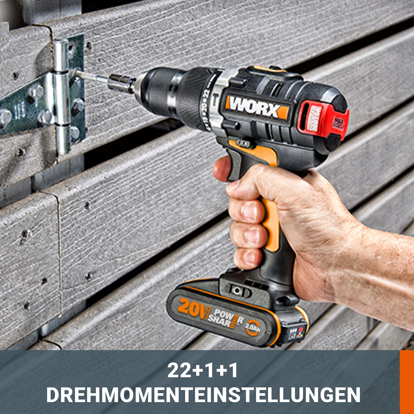 WORX WX373.3 Akku Schlagbohrschrauber Set - Bürstenloser Akkuschrauber 20V, 2 Li-Ion Akkus 4Ah, Koffer und Ladegerät - 60Nm, 2-Gang-Getriebe und LED-Licht - zum Schrauben, Bohren und Schlagbohren