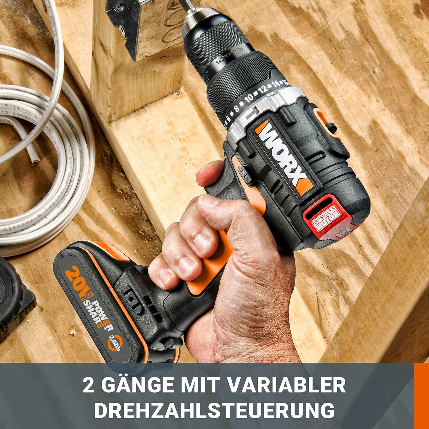 WORX WX373.3 Akku Schlagbohrschrauber Set - Bürstenloser Akkuschrauber 20V, 2 Li-Ion Akkus 4Ah, Koffer und Ladegerät - 60Nm, 2-Gang-Getriebe und LED-Licht - zum Schrauben, Bohren und Schlagbohren