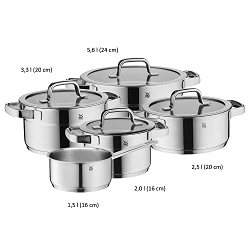 WMF Compact Cuisine Topfset Induktion 5-teilig, Kochtopf Set mit Glasdeckel, Cromargan Edelstahl poliert, Induktions Töpfe Set unbeschichtet, Innenskalierung