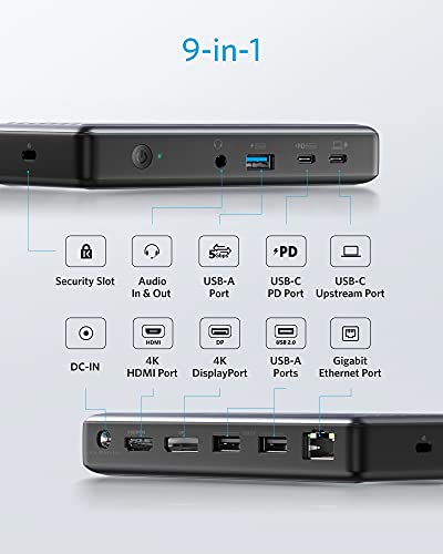 Anker PowerExpand 9-in-1 USB-C PD Docking Station USB-C Adapter, 60W für Laptop, 20W Power Delivery, 4K HDMI & DisplayPort, USB 3.0 und USB 2.0 Daten, Gigabit Ethernet, 3.5mm Audio