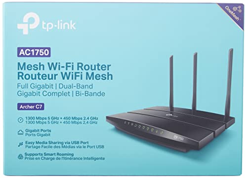 TP-Link Archer C7 Dualband Gigabit WLAN-Router (1300Mbit/s (5GHz) + 450Mbit/s (2,4GHz), 1750Mbps, 5 Gigabit LAN Port, 1 USB 2.0 Ports) schwarz