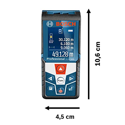 Bosch Professional Laser Entfernungsmesser GLM 500 (Arbeitsbereich: 0,05–50 m, Neigungswinkel: 0–360°, Messgenauigkeit: +/- 1,5 mm, 2 Batterien, AAA, in Kartonschachtel)