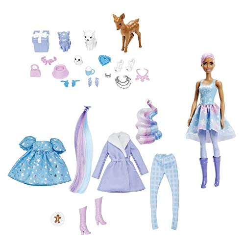 Barbie HJD60 - Color Reveal-Adventskalender, 1 Color Reveal-Puppe und 3 Tiere, Kleidung, Accessoires und 2 Haarverlängerungen, 25 Überraschungen, Kinder ab 3 Jahren