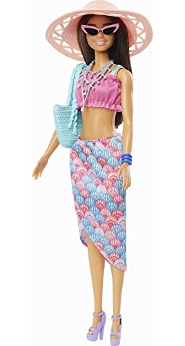 Barbie-Puppe und Mode-Adventskalender, 24 Kleidungsstücke und Accessoires wie Badeanzug, Kleid, Hut oder Kätzchen als Überraschungszubehör, HKB09