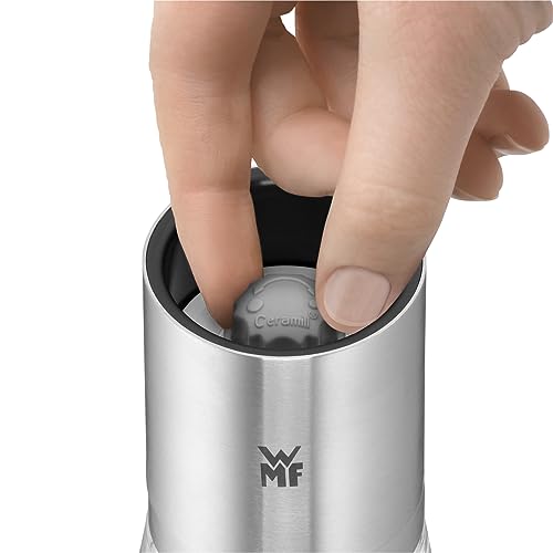WMF De Luxe Salz und Pfeffermühle Set 2-teilig, befüllt, Cromargan Edelstahl, Glas, Keramikmahlwerk, Mühle für Salz, Pfeffer, Chillischoten