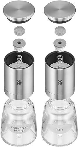 WMF De Luxe Salz und Pfeffermühle Set 2-teilig, befüllt, Cromargan Edelstahl, Glas, Keramikmahlwerk, Mühle für Salz, Pfeffer, Chillischoten