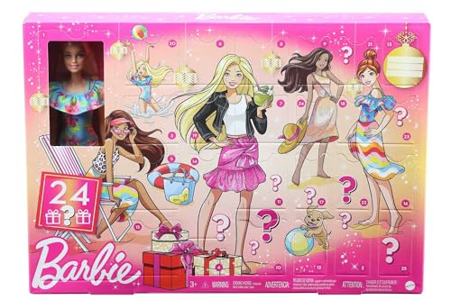 BARBIE Adventskalender mit einer Barbie Puppe (30,4cm), 24 Überraschungen, mit trendiger Kleidung und Accessoires für Tag und Nacht, im Weihnachtsstil für Kinder von 3 bis 7 Jahre, GXD64