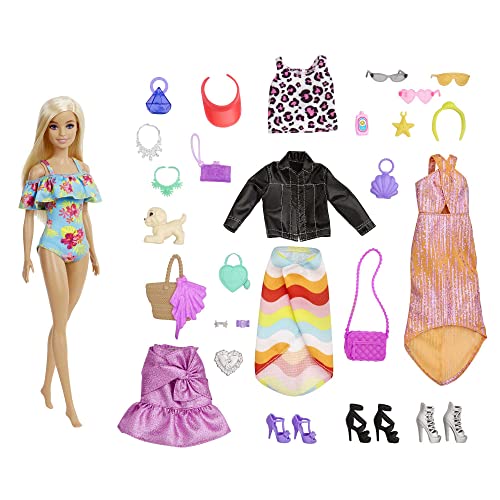 Barbie GYN37 - Adventskalender mit einer Barbie Puppe, 24 Überraschungen, Kleidung und Accessoires für Tag und Nacht, ab 3 Jahren