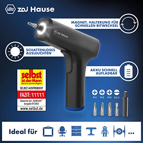 Wiha TCA10182 zai Hause 4V Akkuschrauber Set klein mit 4 Bits und USB C Ladekabel, Mini Akku-Schraubendreher magnetischer Bithalter Linkslauf, Drehmomentanzeige und LED-Licht I Bohrschrauber, Schwarz