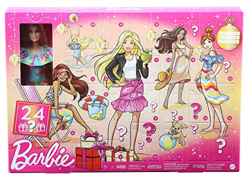 Barbie GYN37 - Adventskalender mit einer Barbie Puppe, 24 Überraschungen, Kleidung und Accessoires für Tag und Nacht, ab 3 Jahren