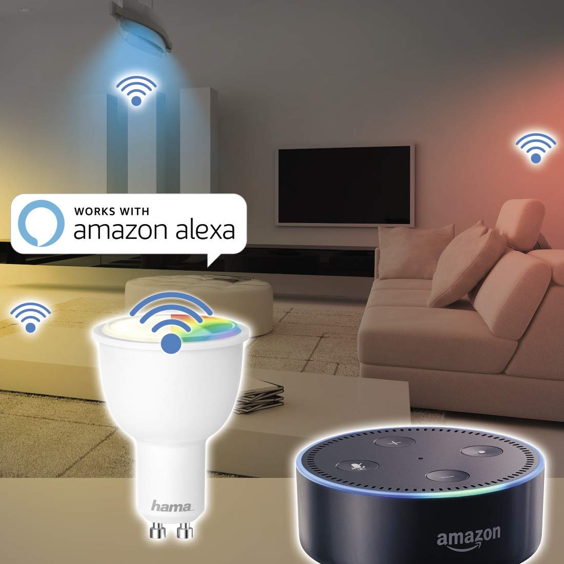 Hama GU10 Wi-Fi LED-Lampe, 4,5W (ohne Hub, dimmbar, gesteuert via Alexa/Google Home/App/IFTTT, 2,4GHz, 2700K/warmweiß/RGB-Farben) WLAN Lampe, Echo/Echo Dot/Echo Spot/Echo Plus/Echo Show kompatibel