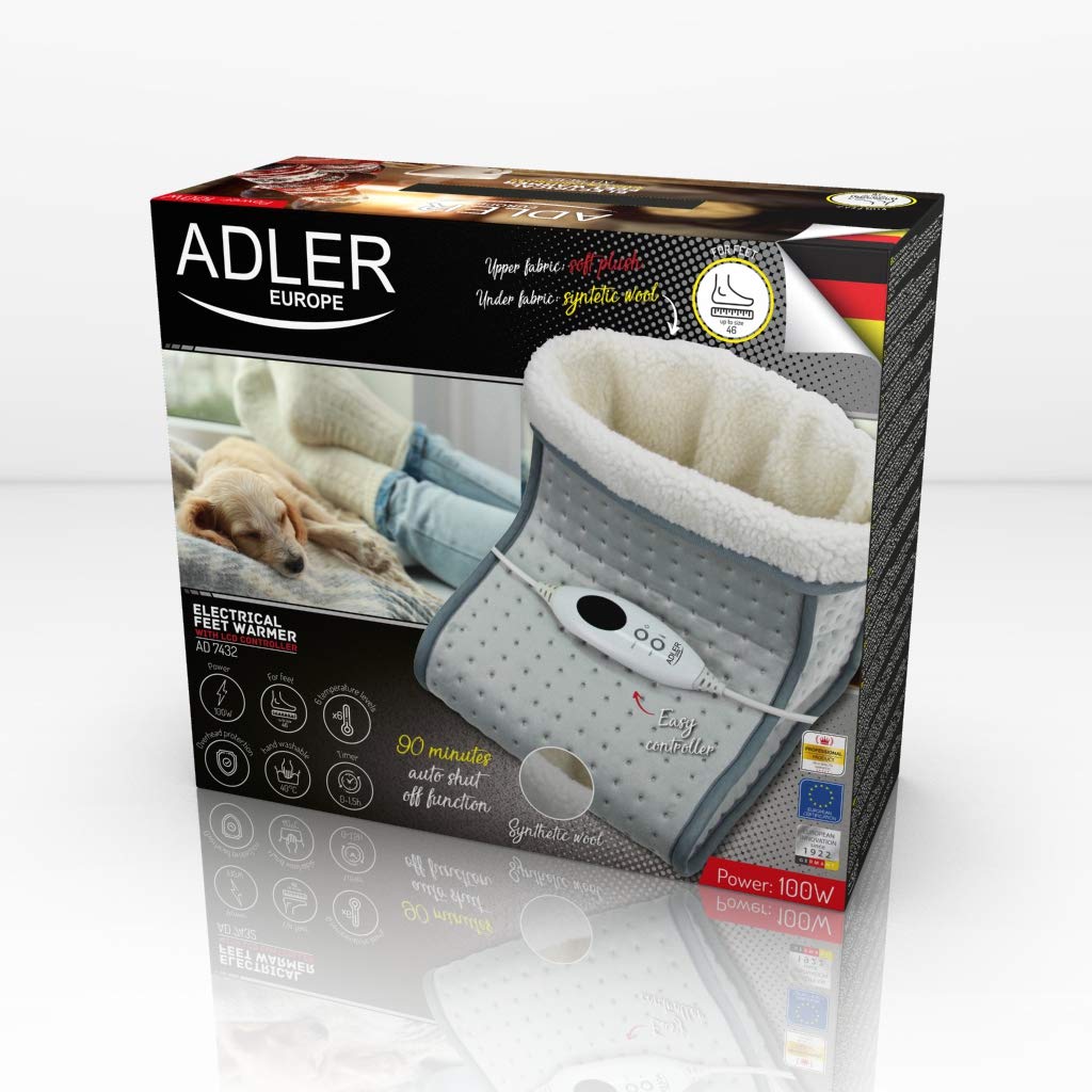 ADLER AD 7432 Cosy Fußwärmer, Elektrische Fußheizung, 6 Temperaturstufen, Abschaltautomatik, Waschbar, Bis zu Größe 46, Grau, 100W