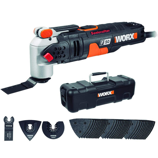 WORX WX681 Sonicrafter F50 Multifunktionswerkzeug 450w – zum Schneiden, Polieren, Schleifen uvm. – Multitools inkl. Adapter für Universalzubehör, 35mm Sägeblatt & 80mm HSS Sägeblatt halbrund