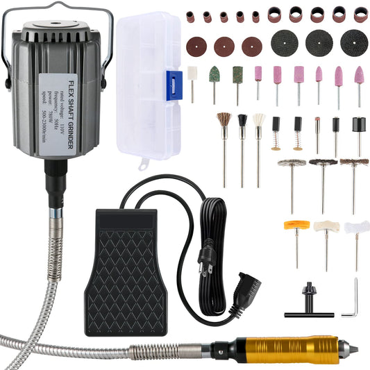 VEVOR Elektrische Drehwerkzeug Flex Shaft Wellen Aufhängung 780 W Schnellschleif Gerät biegsamer Welle, Hängemühle Wellenlänge 100cm, Fußpedal-Steuerung 500-23000U/min, Dreibackenfutt, 45 Stk. Zubehör