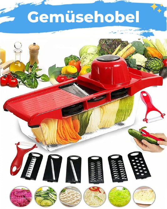 Gemüsehobel + Fingerschutz und Auffangschale - Mandoline - verstellbarer Gemüseschneider - Multifunktion Gemüseschneider mit 6 Edelstahl Klingen
