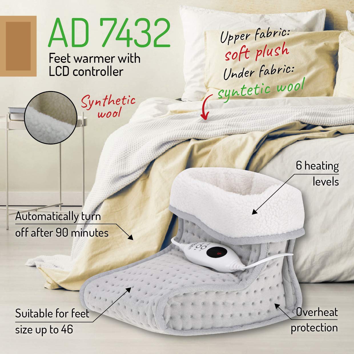 ADLER AD 7432 Cosy Fußwärmer, Elektrische Fußheizung, 6 Temperaturstufen, Abschaltautomatik, Waschbar, Bis zu Größe 46, Grau, 100W