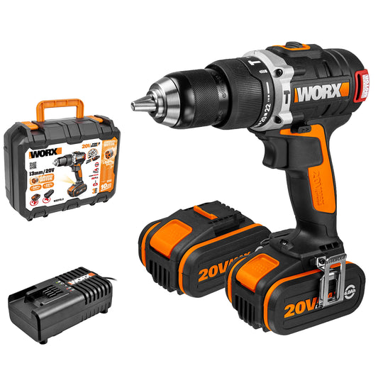 WORX WX373.3 Akku Schlagbohrschrauber Set - Bürstenloser Akkuschrauber 20V, 2 Li-Ion Akkus 4Ah, Koffer und Ladegerät - 60Nm, 2-Gang-Getriebe und LED-Licht - zum Schrauben, Bohren und Schlagbohren