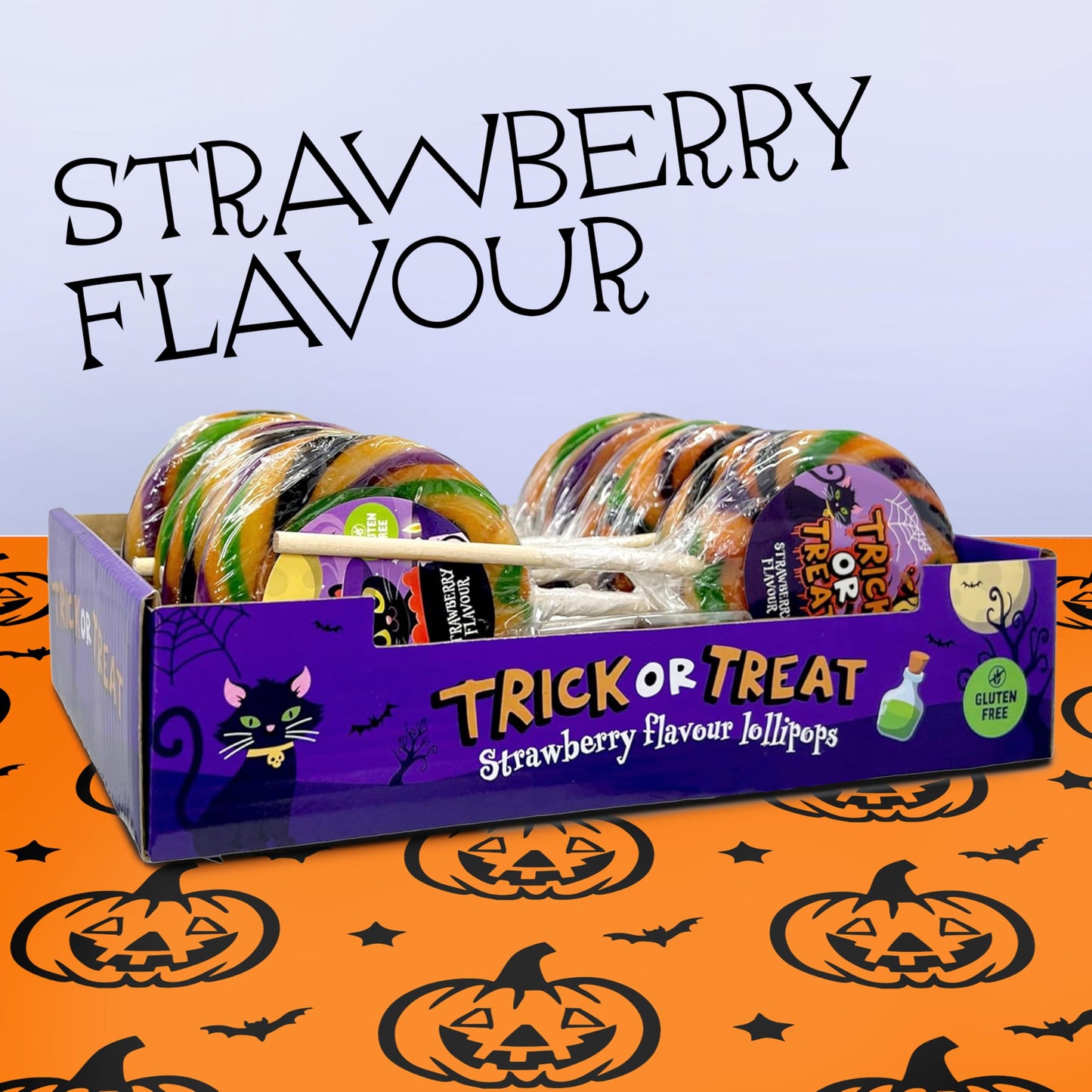 12er Pack Swirl Lollipops – Ø 9cm, Trick & Treat, Erdbeer-Geschmack Lutscher, glutenfrei, ideal für Halloween, Kindergeburtstag & Party Deko, Große Lollis als Süßigkeitenspaß & Halloween Streudeko