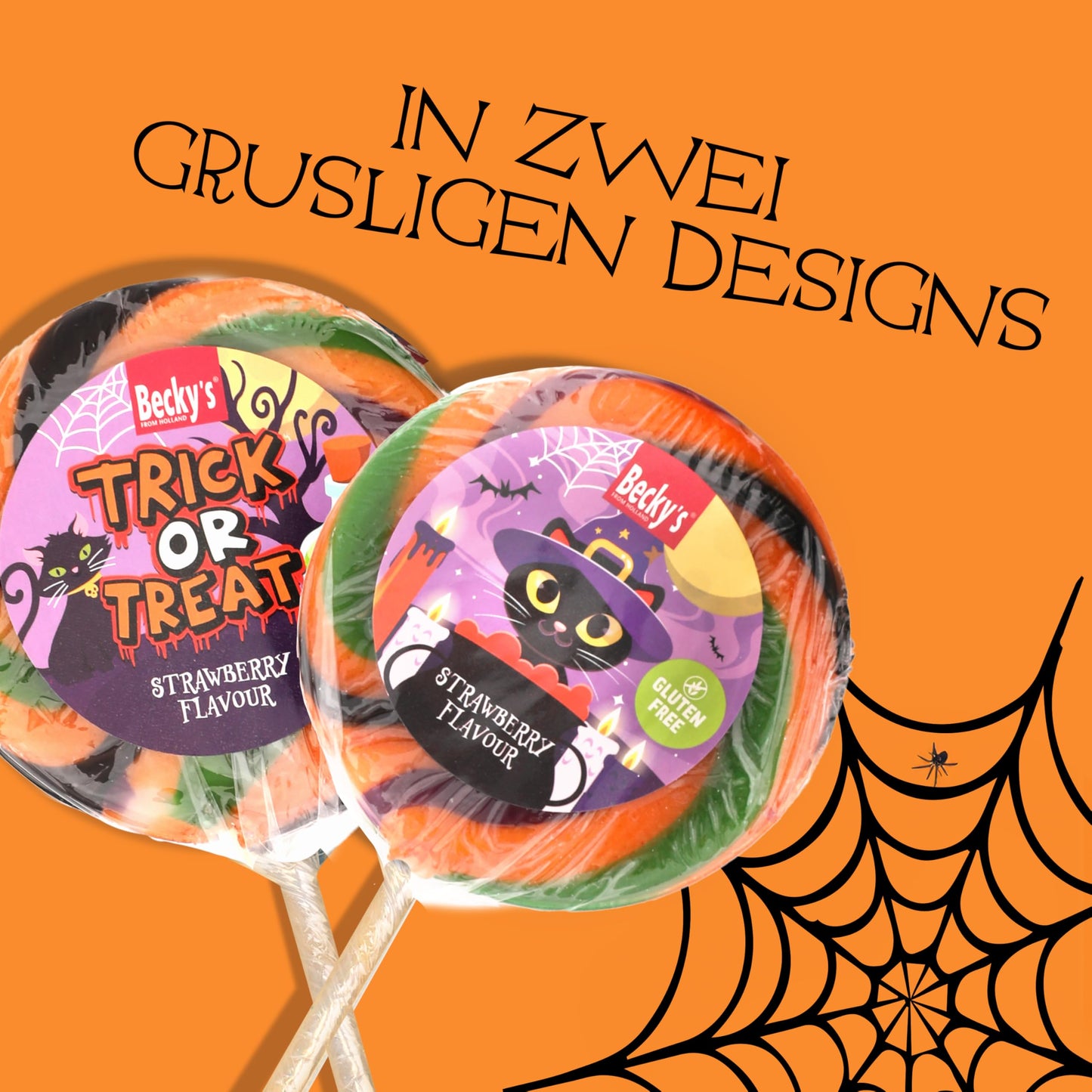 12er Pack Swirl Lollipops – Ø 9cm, Trick & Treat, Erdbeer-Geschmack Lutscher, glutenfrei, ideal für Halloween, Kindergeburtstag & Party Deko, Große Lollis als Süßigkeitenspaß & Halloween Streudeko