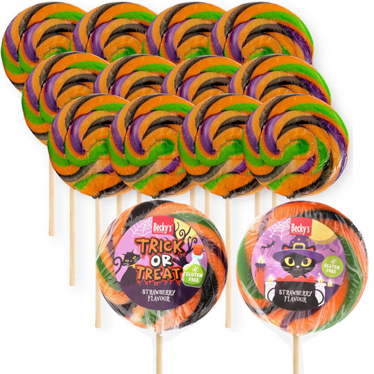 12er Pack Swirl Lollipops – Ø 9cm, Trick & Treat, Erdbeer-Geschmack Lutscher, glutenfrei, ideal für Halloween, Kindergeburtstag & Party Deko, Große Lollis als Süßigkeitenspaß & Halloween Streudeko