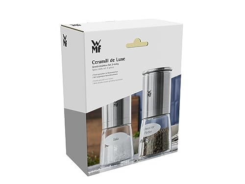 WMF De Luxe Salz und Pfeffermühle Set 2-teilig, befüllt, Cromargan Edelstahl, Glas, Keramikmahlwerk, Mühle für Salz, Pfeffer, Chillischoten