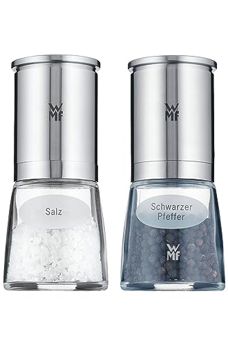 WMF De Luxe Salz und Pfeffermühle Set 2-teilig, befüllt, Cromargan Edelstahl, Glas, Keramikmahlwerk, Mühle für Salz, Pfeffer, Chillischoten