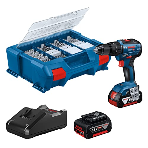 Bosch Professional 18V System Akku-Schlagbohrschrauber GSB 18V-55 maximal Drehmoment 55 Nm, 2x 4,0-Ah-Akku, Ladegerät GAL 18V-20, 82-teiliges Zubehör-Set, in L-Case Pick und Click