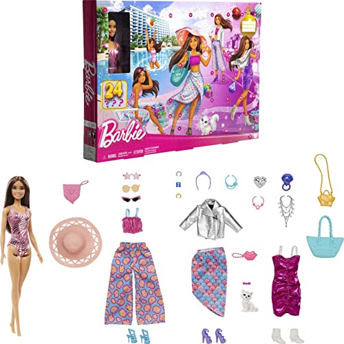 Barbie-Puppe und Mode-Adventskalender, 24 Kleidungsstücke und Accessoires wie Badeanzug, Kleid, Hut oder Kätzchen als Überraschungszubehör, HKB09