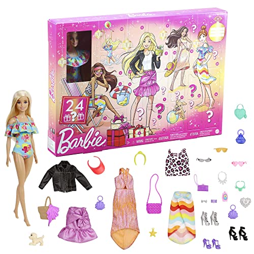 BARBIE Adventskalender mit einer Barbie Puppe (30,4cm), 24 Überraschungen, mit trendiger Kleidung und Accessoires für Tag und Nacht, im Weihnachtsstil für Kinder von 3 bis 7 Jahre, GXD64